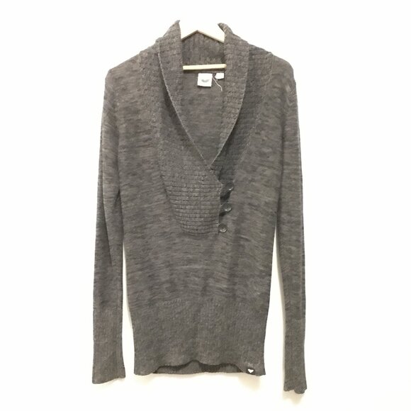 Preppy Grey Marled Knit Buttoned Cowl Neck Sweater - Picture 3 of 16